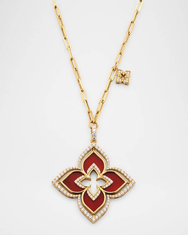 18K Yellow Gold Petite Venetian Princess Pirouette Red Agate and Diamond Necklace